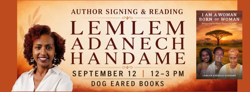 Event flyer for Lemlem Adanech Handame's author signing and reading at Dog Eared Books, September 12, 12-3 PM